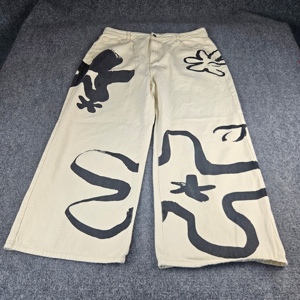 Cider Cream Abstract Graphic Print Wide Leg Jeans Men 1XLHigh Waisted Streetwear